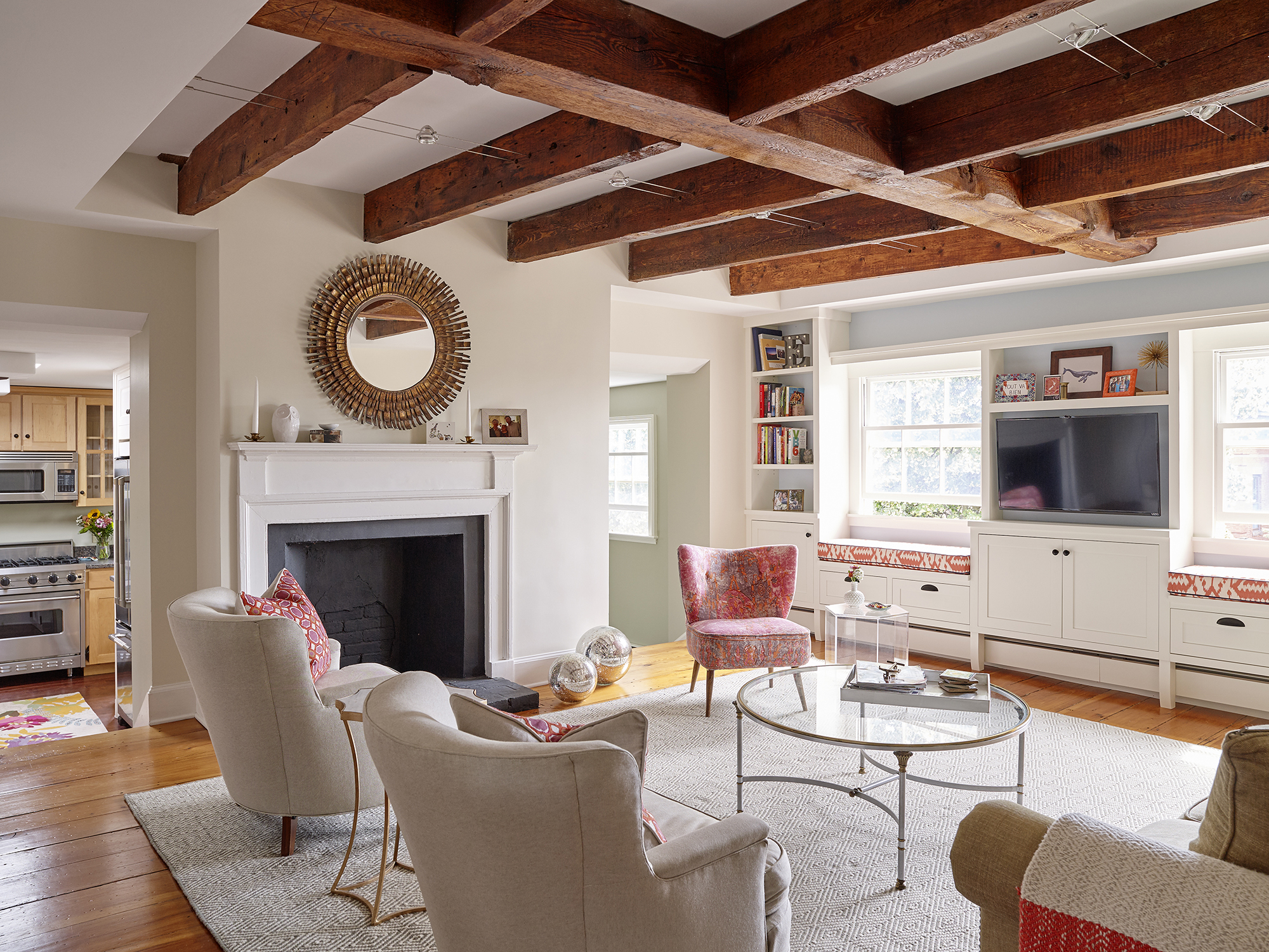 exposed beams built in cabinets with window seats in historic Portland home