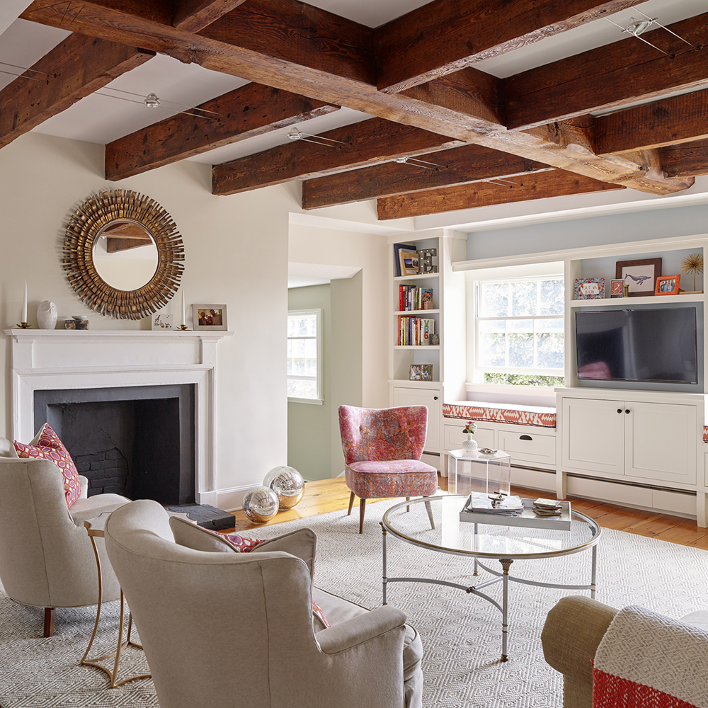 Wooden beam featured in family living space.