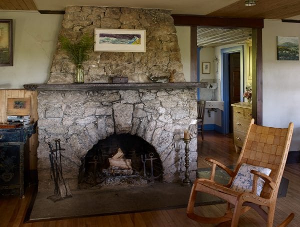 Stone wood fireplace at Mt. Pisgah property.