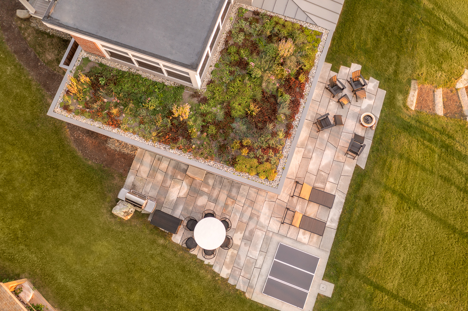 A view looking down on the green roof and patio
