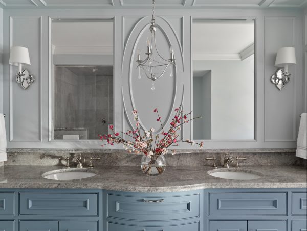 Stone topped vanity with double sinks