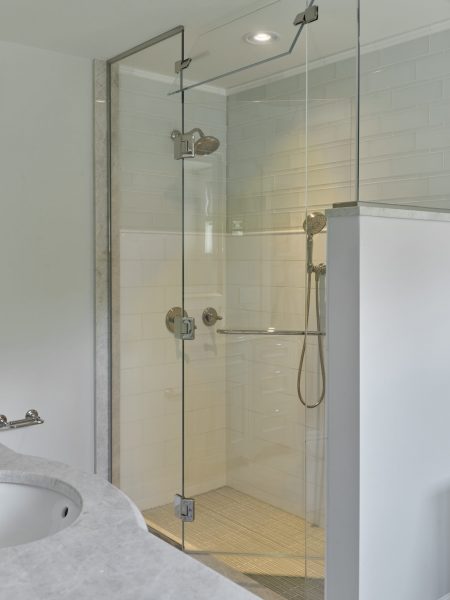 Large walk in shower with glass doors
