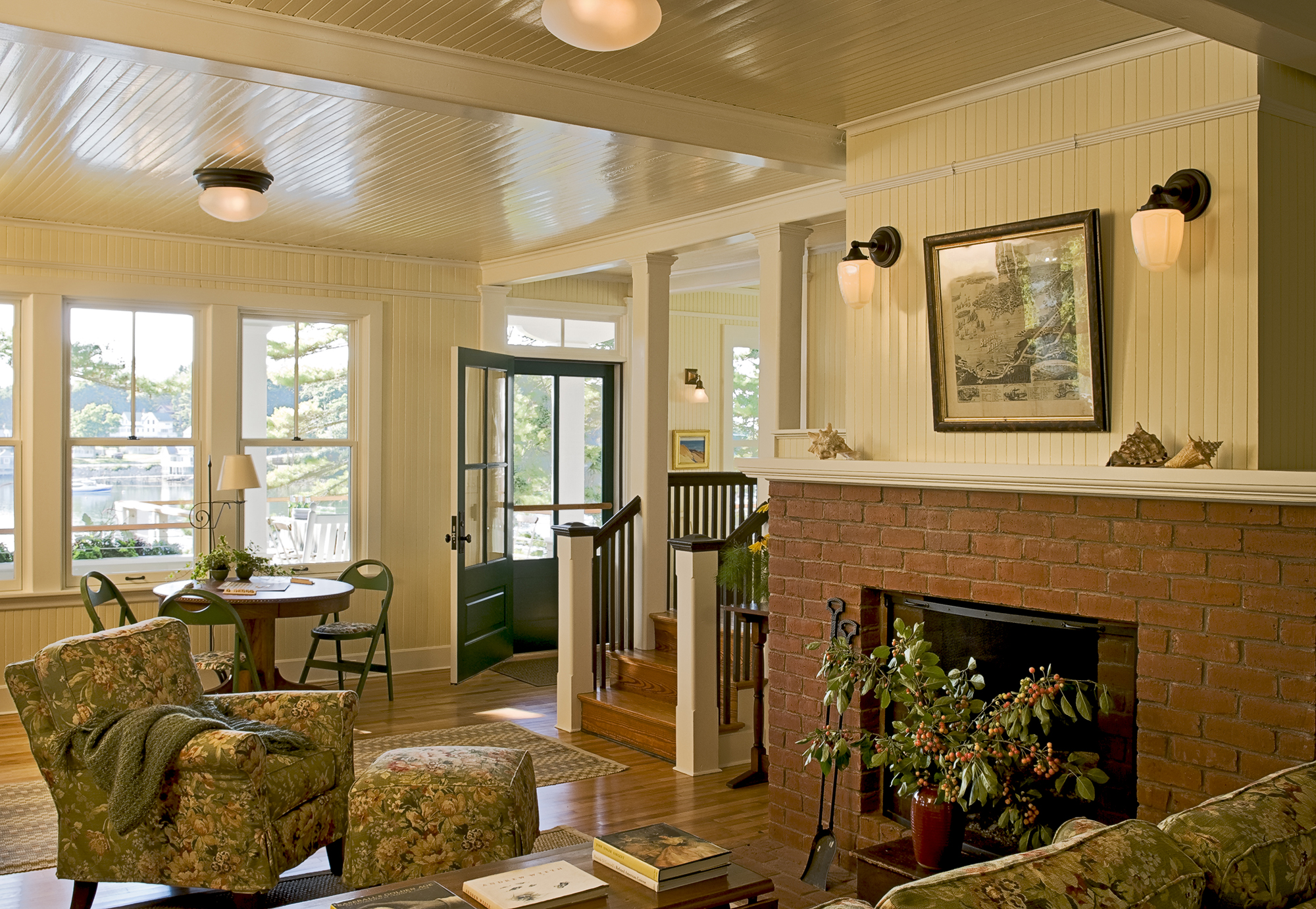 Brick hearth with paneled walls and ceilings