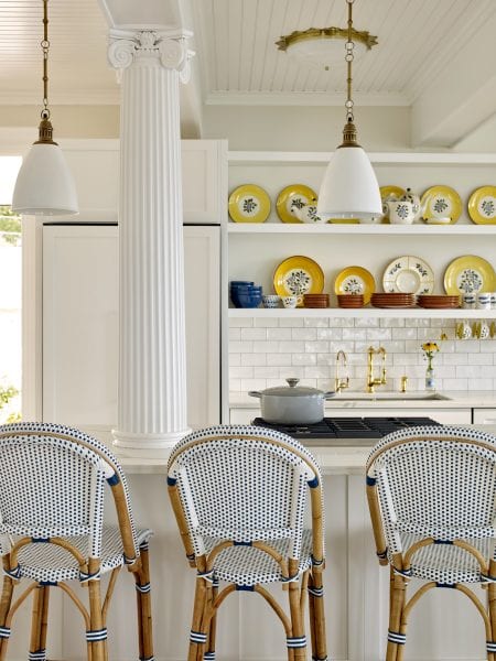 Detailed coastal Maine kitchen with a bright and joyful atmosphere, alongside the unique features.