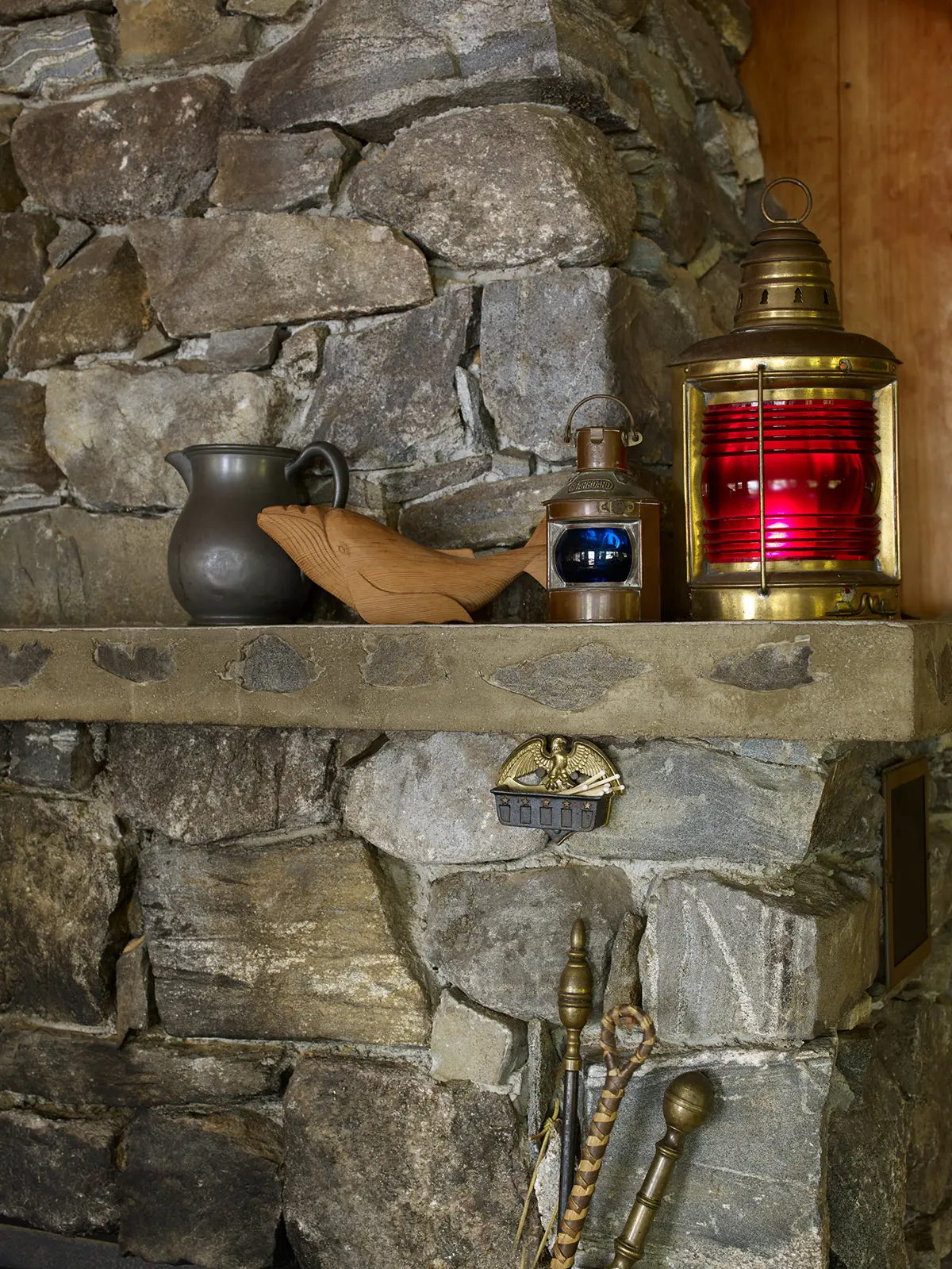 Stone detail in the mantel at Little Acorn Cottage